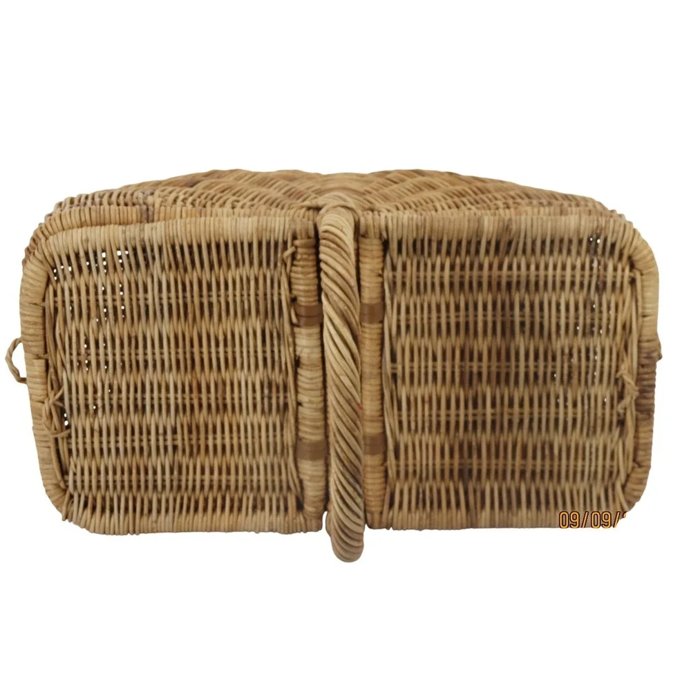 Vintage French Country Wicker Picnic Basket Double Bottom Rattan Hinged Lid